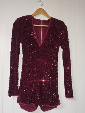 PrettyLittleThing Red Burgundy Sequin V-Neck Romper